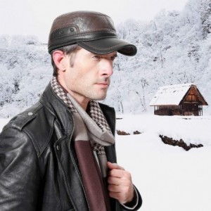 Newsboy Caps Winter Leather Cap with Earflap Military Cadet Army Flat Top Hat Outdoor - Brown+black 1 - CK1860KMG0Q $21.67