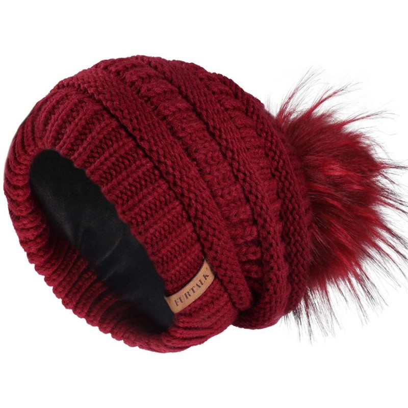Skullies & Beanies Winter Slouchy Beanie Hats Women Fleece Lined Warm Ski Knitted Pom Pom Hat - 08-wine Red - CV18UNZL7GM $13.88
