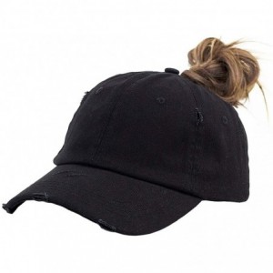 Baseball Caps Ponytail Baseball Hat Distressed Retro Washed Cotton Twill - Black 3 - CH18SHLX9D2 $25.45