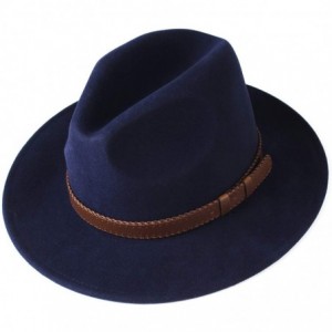 Fedoras 100% Wool Wide Brim Fedora Panama Hat with Belt Buckle Fedora Hats for Men Women - Navyblue - C918UQI228R $55.12
