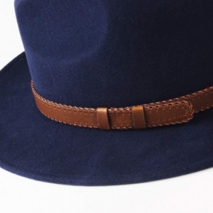 Fedoras 100% Wool Wide Brim Fedora Panama Hat with Belt Buckle Fedora Hats for Men Women - Navyblue - C918UQI228R $29.18