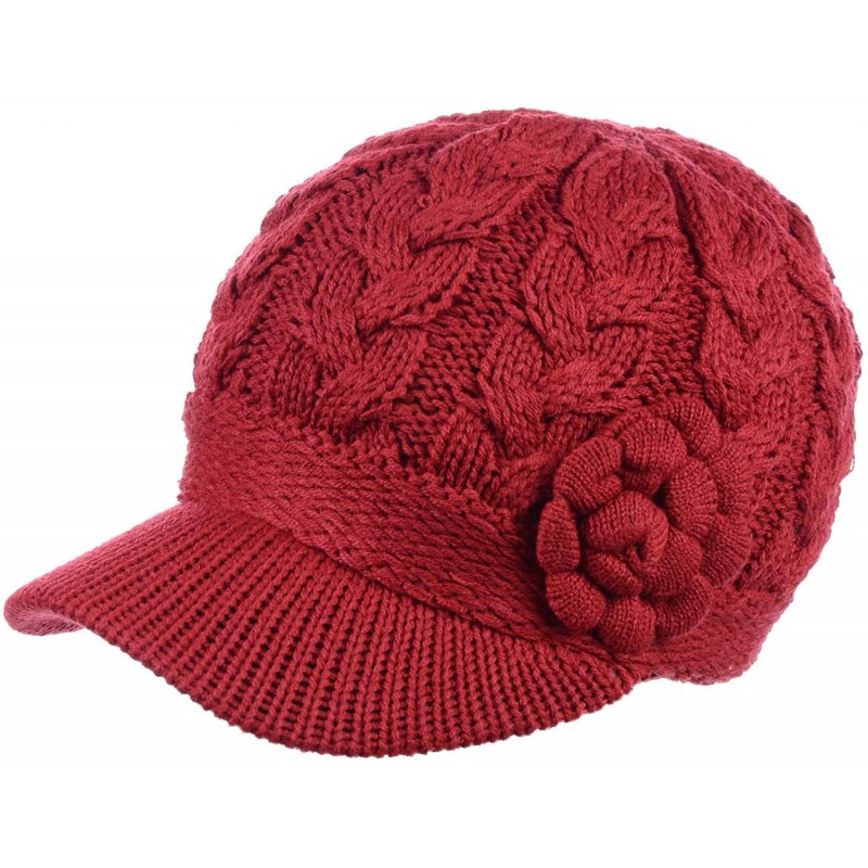 Newsboy Caps Women's Winter Fleece Lined Elegant Flower Cable Knit Newsboy Cabbie Hat - Red Cable Flower - C118IIKCW2K $21.79