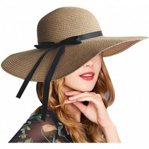 Sun Hats Women's Big Brim Sun Hat Floppy Foldable Bowknot Straw Hat UPF 50 Summer Beach UV Hat - Khaki - CI18DNXIZ4Q $26.36