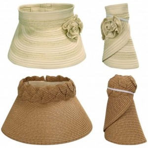 Sun Hats BMC 2pc Roll Up Collapsible Visor Style Straw Hats- Braid + Floral Collection - Beige + Navy Blue - C317X6NA4TN $19.68
