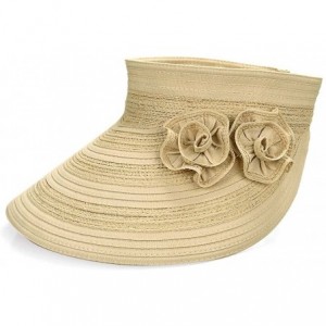Sun Hats BMC 2pc Roll Up Collapsible Visor Style Straw Hats- Braid + Floral Collection - Beige + Navy Blue - C317X6NA4TN $10.36
