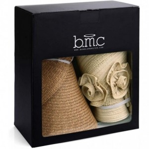 Sun Hats BMC 2pc Roll Up Collapsible Visor Style Straw Hats- Braid + Floral Collection - Beige + Navy Blue - C317X6NA4TN $10.36