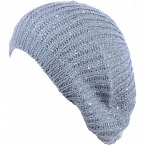 Berets Women's Fall French Style Cable Knit Beret Hat W/Sequin/Wooden Button - Silver - C318EGCW7KM $32.93