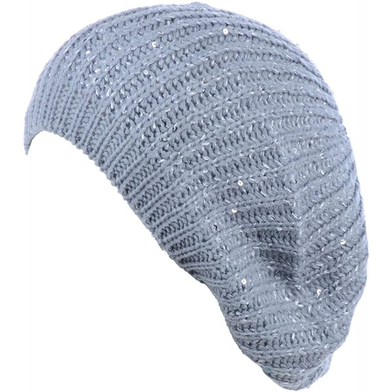 Berets Women's Fall French Style Cable Knit Beret Hat W/Sequin/Wooden Button - Silver - C318EGCW7KM $31.47