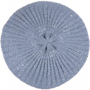 Berets Women's Fall French Style Cable Knit Beret Hat W/Sequin/Wooden Button - Silver - C318EGCW7KM $31.47