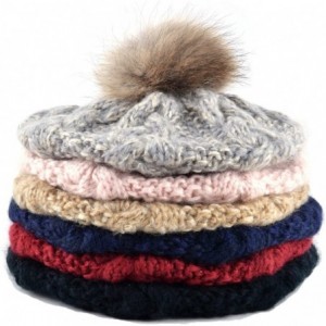 Skullies & Beanies Women Warm Knitting Cuffed Fluffy Pom Pom Beret Beanie - Khaki - C912OBGOPE8 $27.11