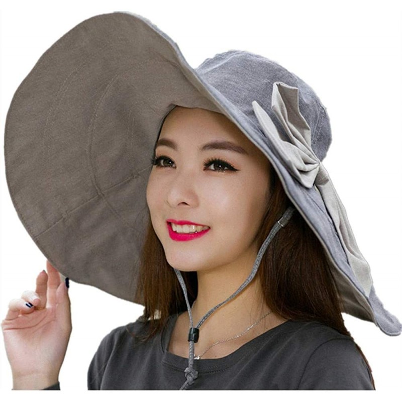 Sun Hats Women Large Bow Wide Brim Hat Foldable Floppy Reversible Hat UPF50 Sun Beach Vacation - Deep Gray - CF18WKOMR8H $10.36