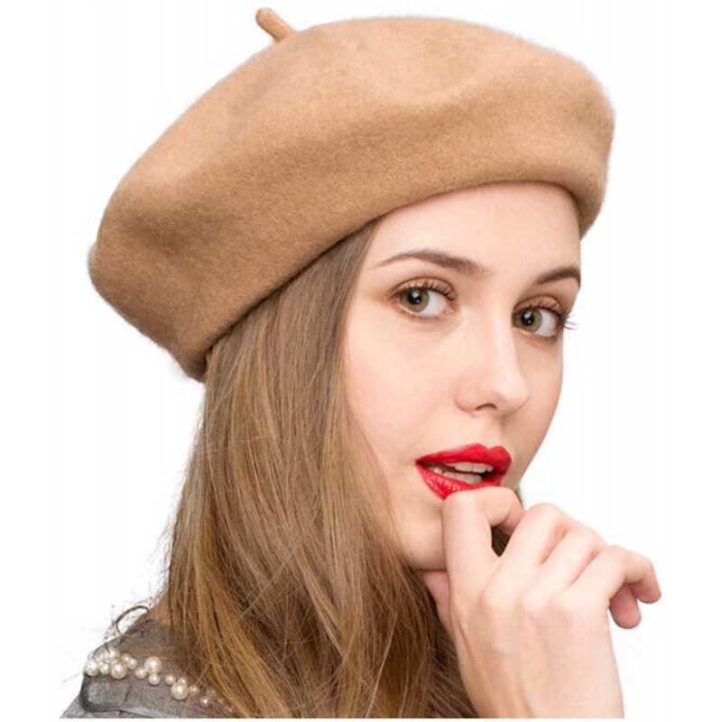 Berets Women Wool Beret Hat French Style Solid Color - Camel - CN187KCHZEE $10.64