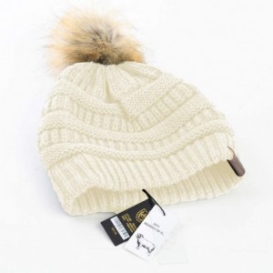 Skullies & Beanies Women Hat Faux Fur Pom Pom Winter Wool Beanie Thick Knit Snow Ski Cable Cap - White - CV18L7ULZOH $14.66