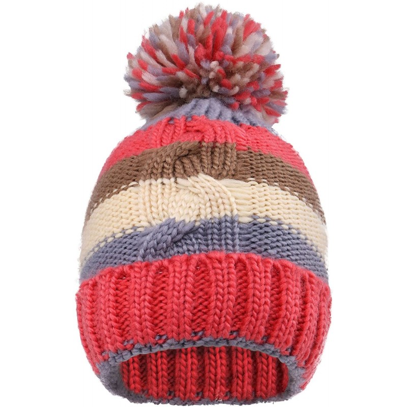 Skullies & Beanies Boys Girls Kids Knit Beanie with Pompom Toddlers Winter Hat Cap - Red Striped With Fleece - CC1853DMX7M $9.86