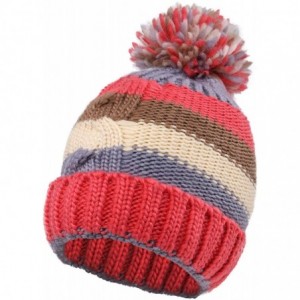 Skullies & Beanies Boys Girls Kids Knit Beanie with Pompom Toddlers Winter Hat Cap - Red Striped With Fleece - CC1853DMX7M $9.86