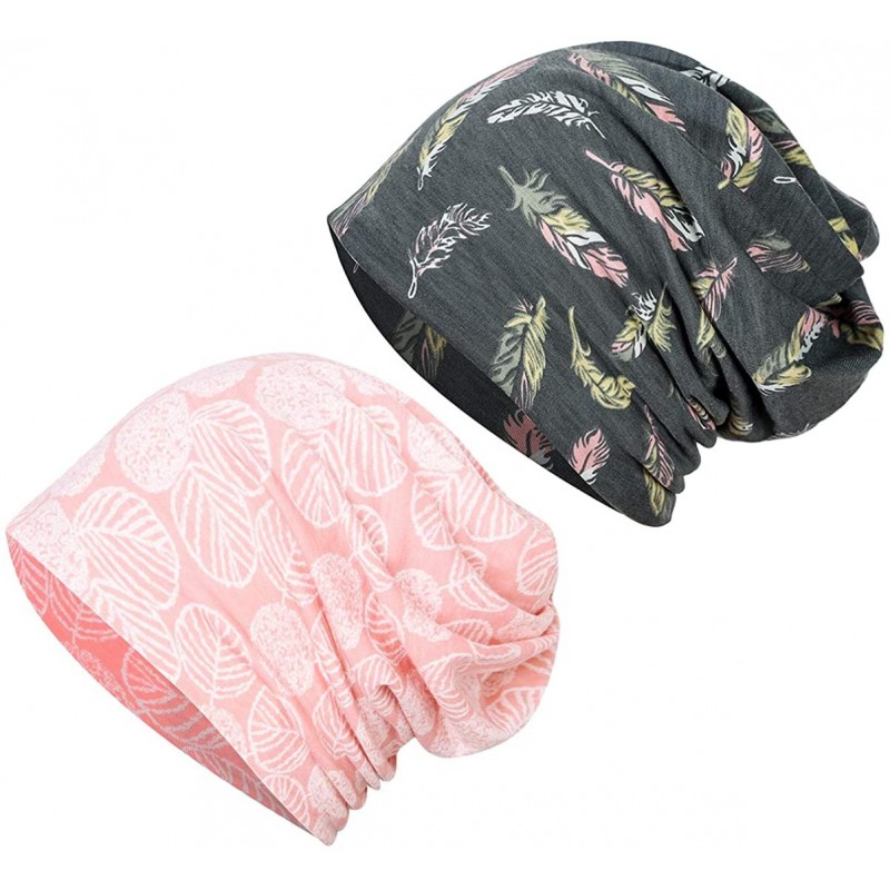 Skullies & Beanies Womens Slouchy Beanie Cotton Chemo Caps Cancer Headwear Hats Turban - 2 Pair-feather Gray+banana Leaf Pink...