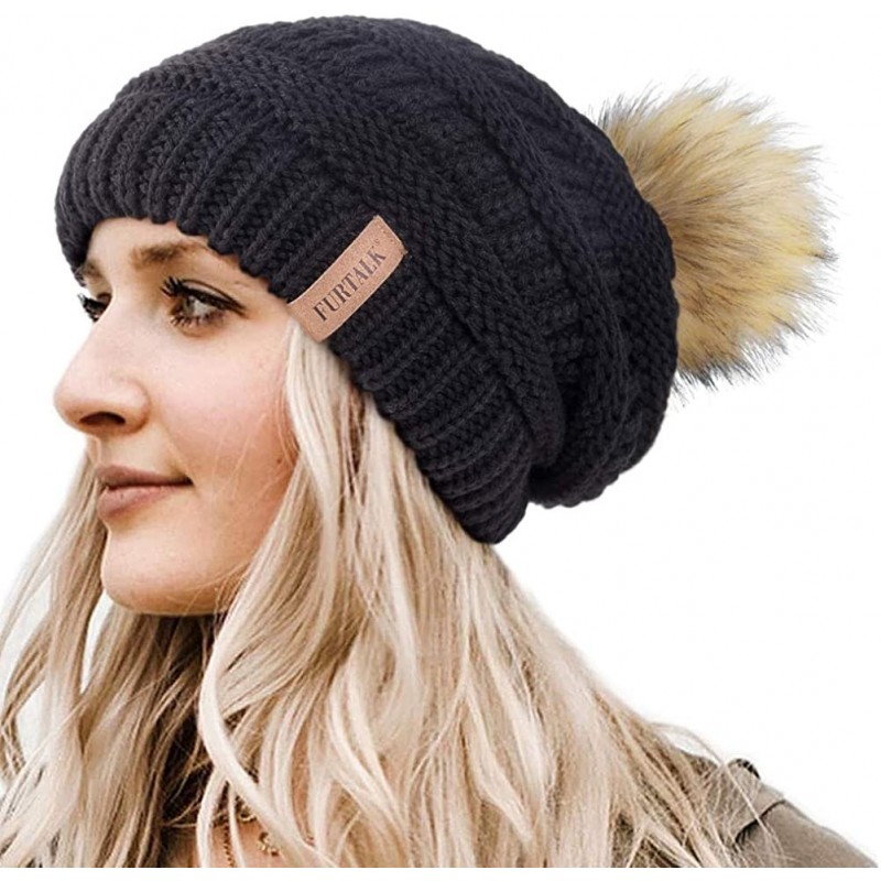 Skullies & Beanies Womens Winter Knit Slouchy Beanie Hat Warm Skull Ski Cap Faux Fur Pom Pom Hats for Women - CU185XULYGQ $24.72
