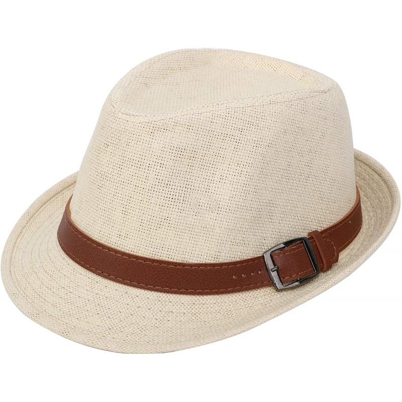 Fedoras Beach Straw Fedora Hat w/Solid Hat Band for Men & Women - Natural Hat Brown Belt - CS17XWN48Q7 $14.39