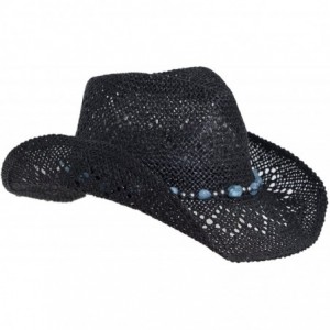 Cowboy Hats Straw Cowboy Hat for Women with Beaded Trim and Shapeable Brim - Black/Blue - CP11UF4UC0L $48.03