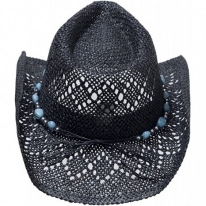 Cowboy Hats Straw Cowboy Hat for Women with Beaded Trim and Shapeable Brim - Black/Blue - CP11UF4UC0L $51.46