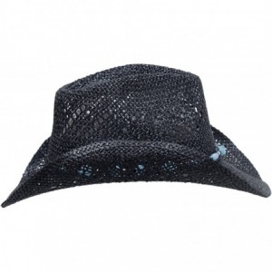 Cowboy Hats Straw Cowboy Hat for Women with Beaded Trim and Shapeable Brim - Black/Blue - CP11UF4UC0L $51.46