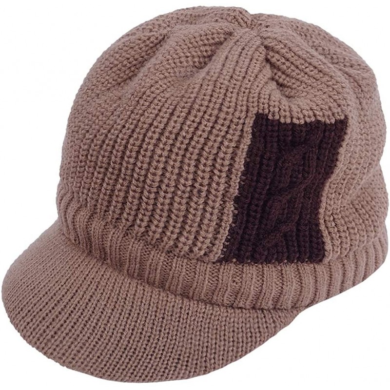 Skullies & Beanies Winter Outdoor Knitted Visor Beanie Hat with Brim Fur Lined Ski Snowboarding Cap - Tan - C1188TATQHQ $21.26