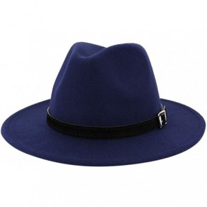 Fedoras Mens Fedora Hat Faux Felt Wide Brim Belt Buckle Cowboy Hat - D Navy - CI1933XWWMK $22.52
