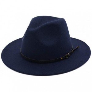 Fedoras Womens Classic Wide Brim Floppy Panama Hat Belt Buckle Wool Fedora Hat - Navy Blue - CO18SG5UK9Q $18.31