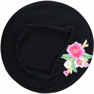 Berets 100% Cotton Beret French Ladies Hat with Pink Flower Bouquet - Black - CD183K3C5XL $49.00