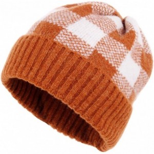 Skullies & Beanies Winter Soft Stretch Buffalo Plaid Cuff Beanie Hat Thick Chunky Warm Knit Skull Ski Cap - Brown/White - C61...
