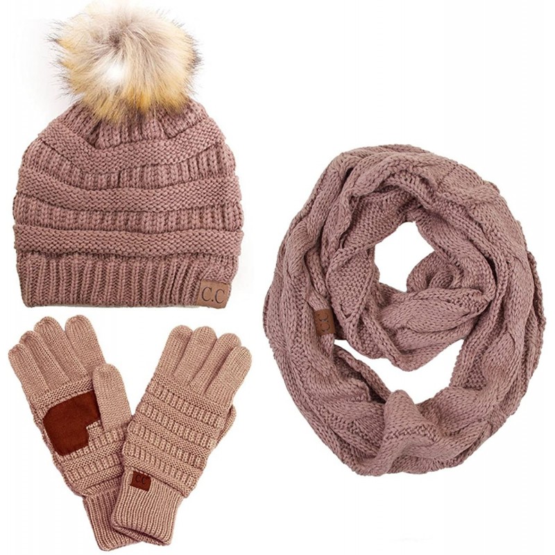 Skullies & Beanies 3pc Set Trendy Warm Chunky Soft Stretch Cable Knit Pom Pom Beanie- Scarves and Gloves Set - Taupe - CO18H7...