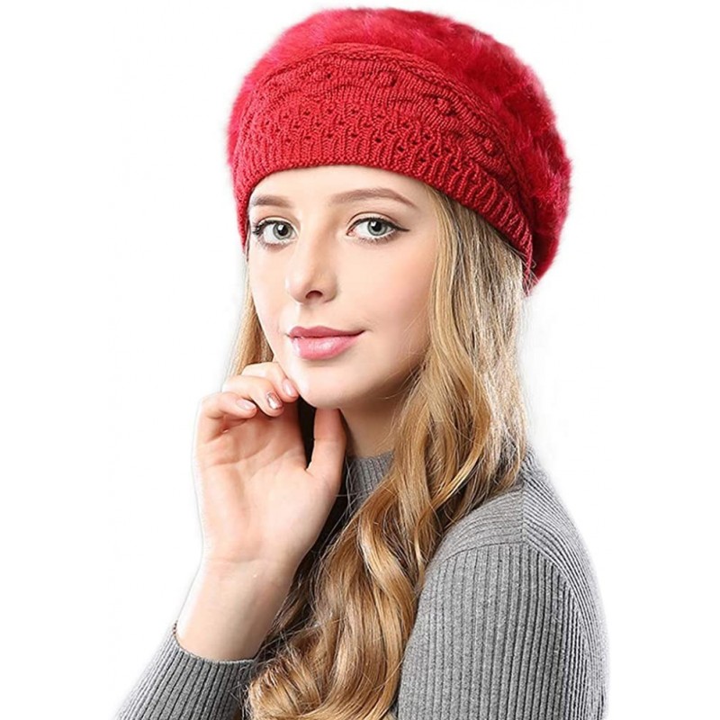 Berets Women Winter French Beret Hat Wool Knit Berets Beanie Classic Warm Casual Hat - Red - CH18Z4G0L46 $14.22