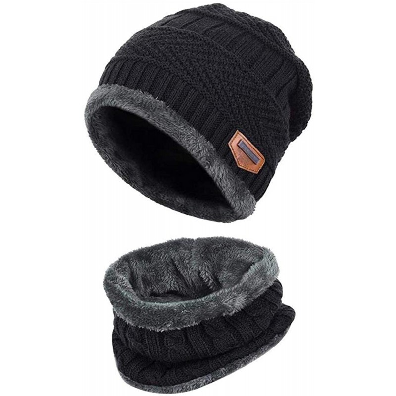 Skullies & Beanies 2-Pieces Winter Beanie Hat Scarf Set Warm Knit Hat & Warm Neck Thick Knit Cap for Men Women Kids - Black -...