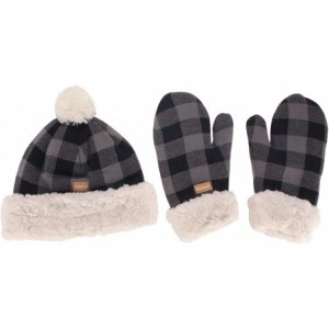 Skullies & Beanies Women's Classic Winter Fleeced Thermal Pom Pom Beanie Hat and Mittens Set - Black & White Plaid - CU18H4KL...