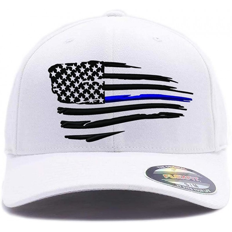 Baseball Caps Thin Red Line/Blue Line Waving USA Flag. Front & Back Embroidered- Flexfit 6277 Wooly Combed Cap. - White - CR1...