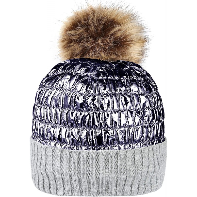 Skullies & Beanies Winter Knit Hats for Women Thick Pom Pom Metallic Shiny Beanies Ski Cap - Light Grey Metallic - C418ACGW9R...