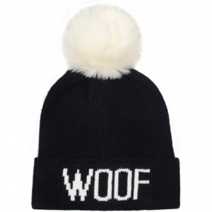 Skullies & Beanies Dog Lover Stretchy Woof Faux Fur Pompom Knit Beanie Skully Toque - Black Hat White Woof White Pompom - CR1...