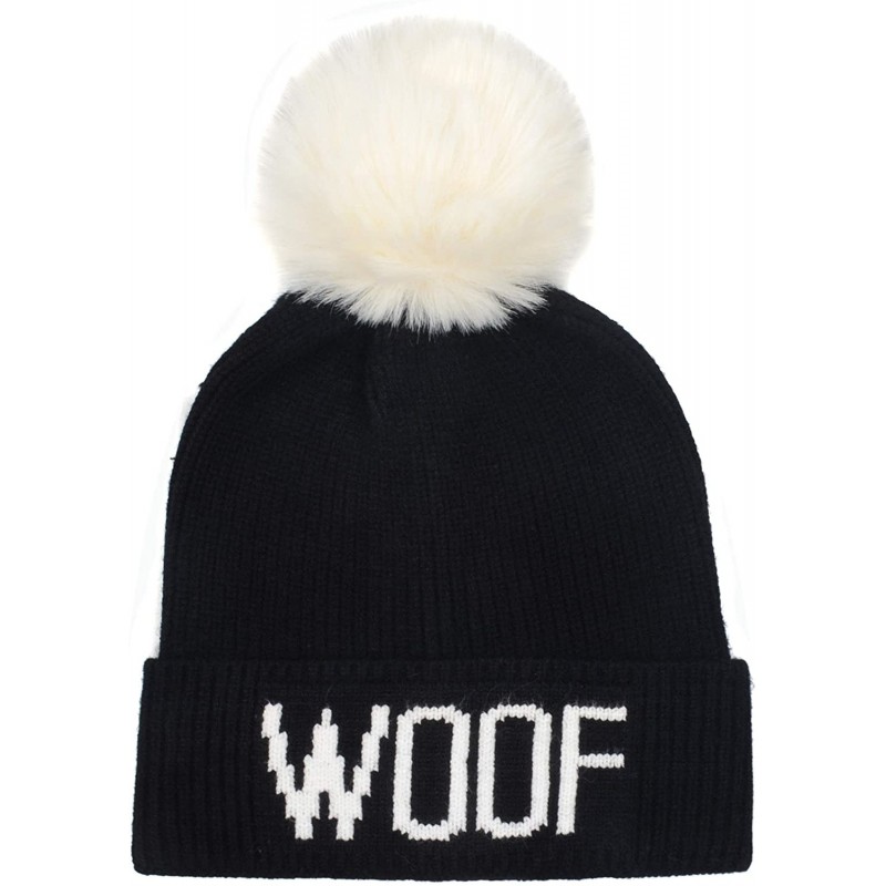Skullies & Beanies Dog Lover Stretchy Woof Faux Fur Pompom Knit Beanie Skully Toque - Black Hat White Woof White Pompom - CR1...