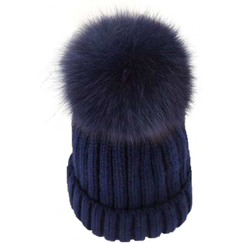 Skullies & Beanies Womens Knitted Hat Fox Fur Pom Pom Warm Slouchy Beanie Cap - Dark Blue - CO188N0D6KU $17.10