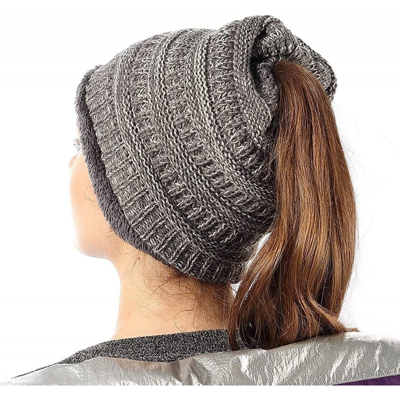 Skullies & Beanies Womens Ponytail Beanie Hats Warm Fuzzy Lined Soft Stretch Cable Knit Messy High Bun Cap - CF18IQ227G3 $26.71