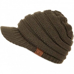 Skullies & Beanies Warm Cable Ribbed Knit Beanie Hat w/Visor Brim - Chunky Winter Skully Cap - Dark Olive - CC18A46NI0N $30.34