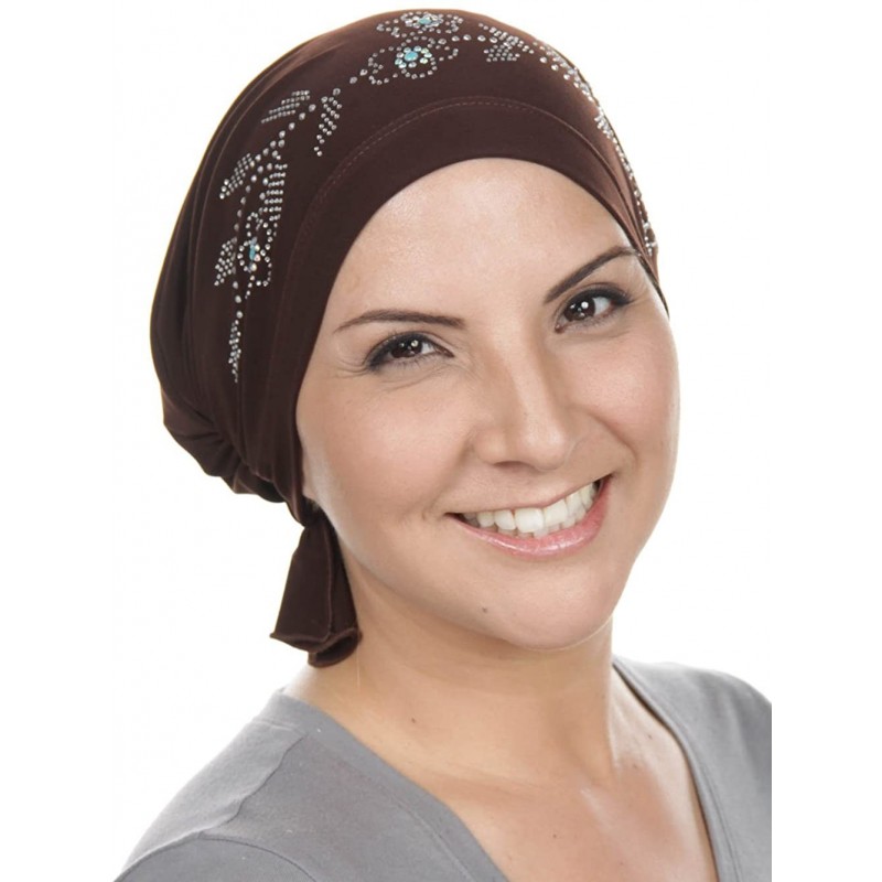 Skullies & Beanies The Abbey Cap with Rhinestones Chemo Caps Cancer Hats for Women - 14 -Brown W/Crystal Island Flower - CX18...