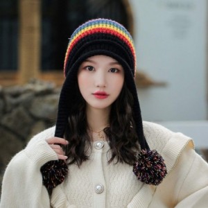 Skullies & Beanies Women Skull Beanie Hat Peruvian Cap Winter Fleeced Ski Ear Flaps Pompoms Cable Knitting - A3-m9418-black -...