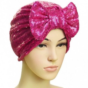 Skullies & Beanies Shiny Sequin Arab India Pleated Turban Bowknot Chemo Cap Swami Headwrap Costume Hat - Rose Red - CU18DXS5X...