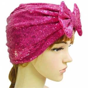 Skullies & Beanies Shiny Sequin Arab India Pleated Turban Bowknot Chemo Cap Swami Headwrap Costume Hat - Rose Red - CU18DXS5X...