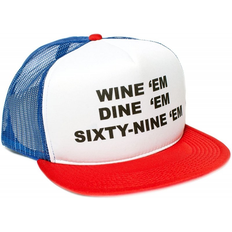 Baseball Caps Wine Em Dine Sixty Nine Em 69 Flat Bill Unisex-Adult One-Size Trucker Hat - Royal/White/Red - CQ11QOA6RQ7 $15.03