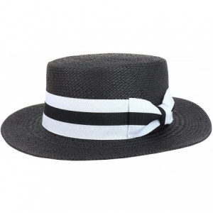 Sun Hats Striped Grosgrain Ribbon Band Straw Fashion Boater Hat - Black - CH18RG6MSZ5 $75.27