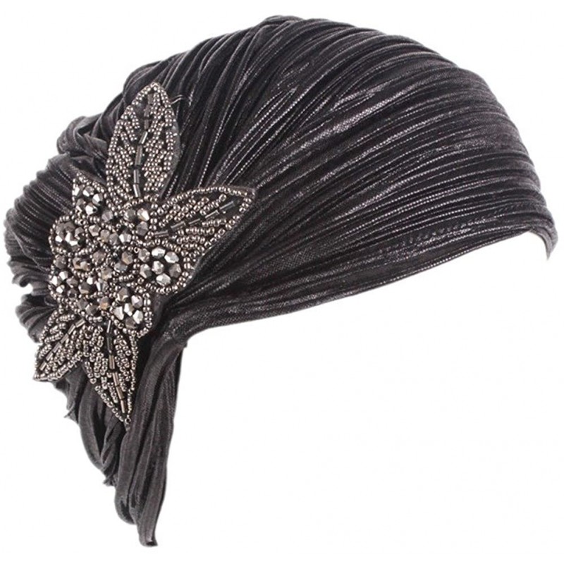 Skullies & Beanies Women's 20S Gatsby Turban Hat Noble Ruffle Glitter Pleated Stretch Head Wraps Chemo Cap - A-03 Black - CN1...