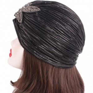 Skullies & Beanies Women's 20S Gatsby Turban Hat Noble Ruffle Glitter Pleated Stretch Head Wraps Chemo Cap - A-03 Black - CN1...